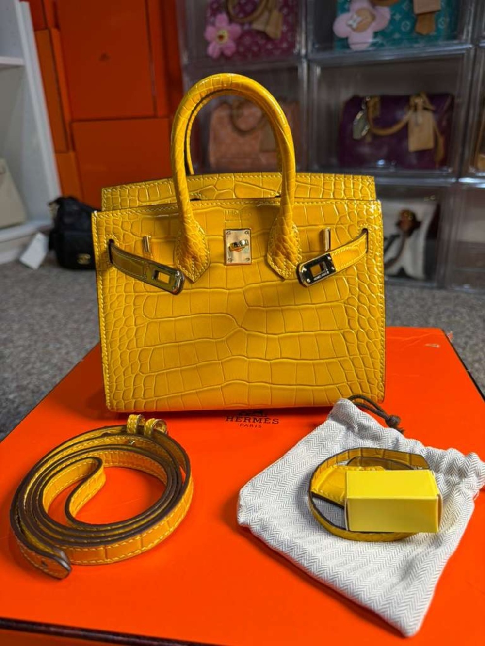 Yellow CrocODILE EMBOSSED Bag Luxury H Birkin 20 mini amber Jaune PHW strap - Picture 5 of 5